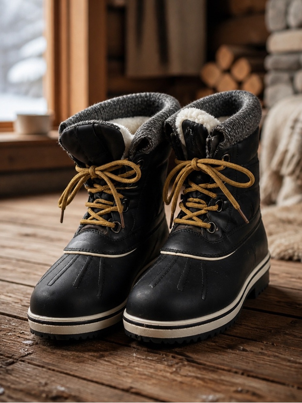 Women’s Black Plaid Insulated Winter Lace-Up Boots with Shearling Collar Sz 8